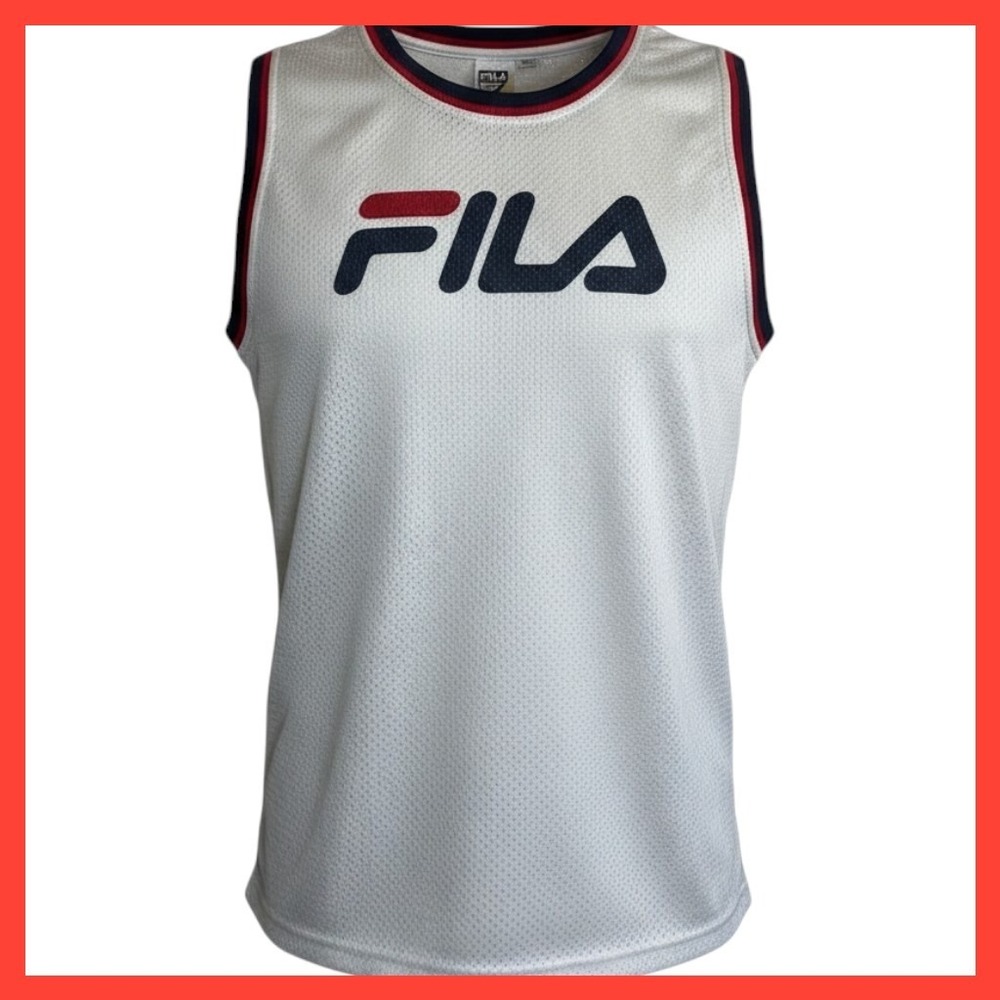 Vintage Fila Basketball Jersey Mens Large White Mesh Logo Sleeveless Tank Top